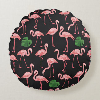 Flamingo Elegance: Vintage Monstera Fusion. Rund Kudde