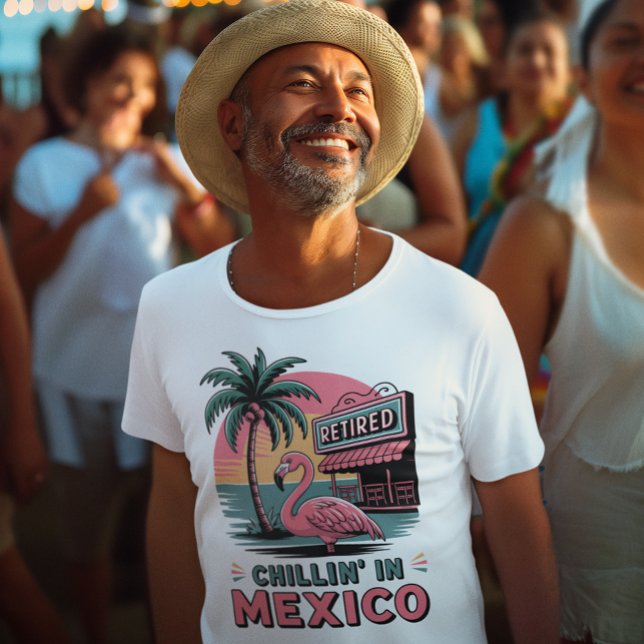 Flamingo Expat Retirement Mexico Beach Life T Shirt (smiling happy man wearing Retired in Mexico flamingo beach theme t-shirt)