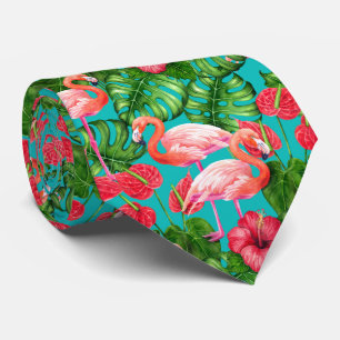 Flamingo-fåglar och tropiska trädgårdsvattenfä slips