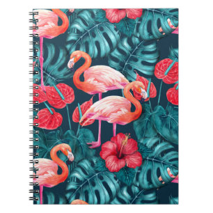 Flamingo-fåglar och tropiska trädgårdsvattenfärger anteckningsbok