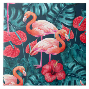Flamingo-fåglar och tropiska trädgårdsvattenfärger kakelplatta