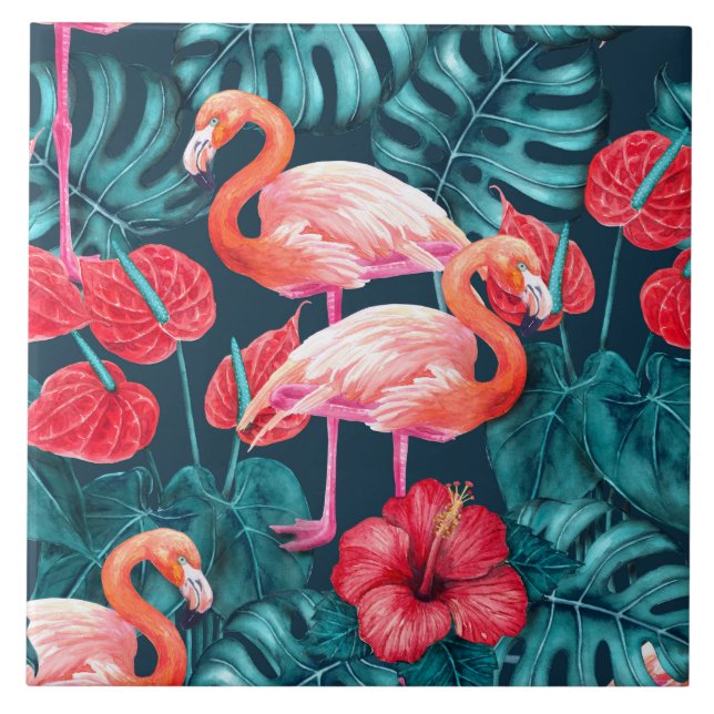Flamingo-fåglar och tropiska trädgårdsvattenfärger kakelplatta (Framsidan)