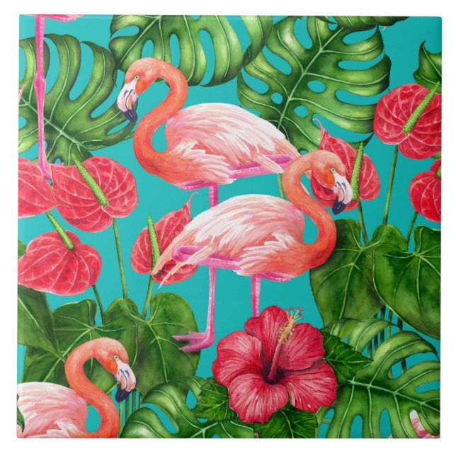 Flamingo-fåglar och tropiska trädgårdsvattenfärger kakelplatta (Framsidan)