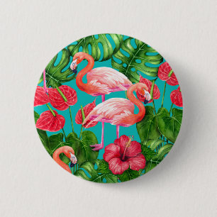 Flamingo-fåglar och tropiska trädgårdsvattenfärger knapp