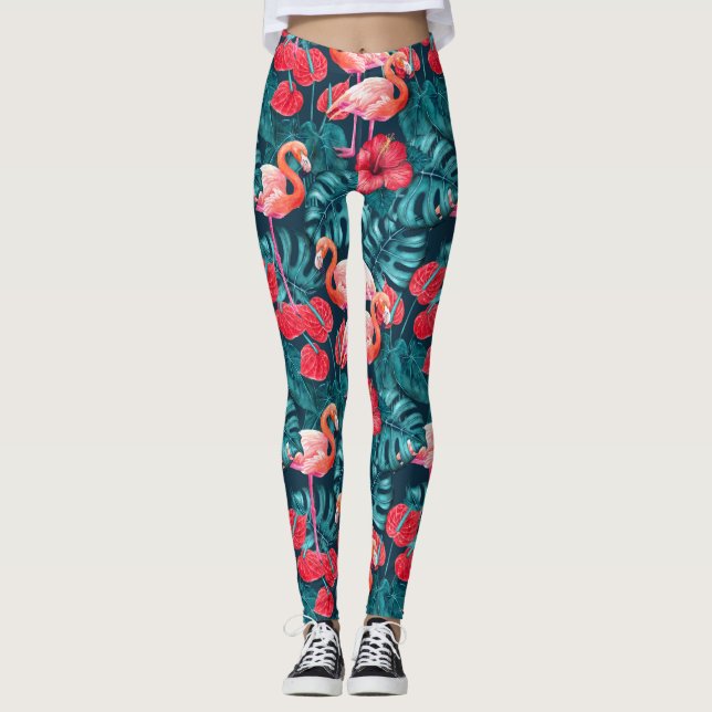 Flamingo-fåglar och tropiska trädgårdsvattenfärger leggings (Framsida)