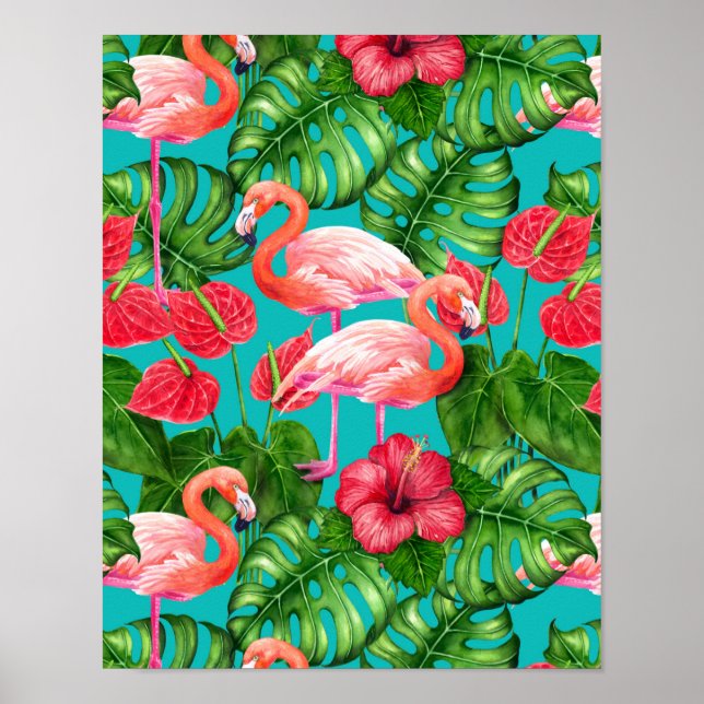 Flamingo-fåglar och tropiska trädgårdsvattenfärger poster (Framsidan)