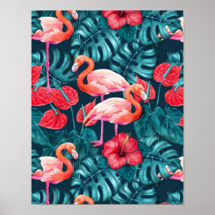 Flamingo-fåglar och tropiska trädgårdsvattenfärger poster
