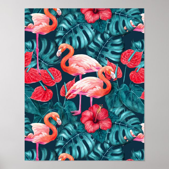 Flamingo-fåglar och tropiska trädgårdsvattenfärger poster (Framsidan)