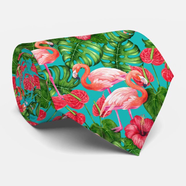 Flamingo-fåglar och tropiska trädgårdsvattenfärger slips (Rullad)