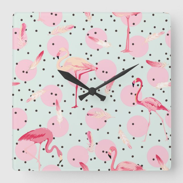 Flamingo Feathers på Polka dots Fyrkantig Klocka (Framsida)