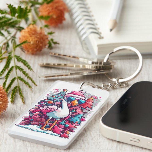 Flamingo FestiActivities Santa Hat and Glasses Chr Nyckelring (Högra Framsidan)