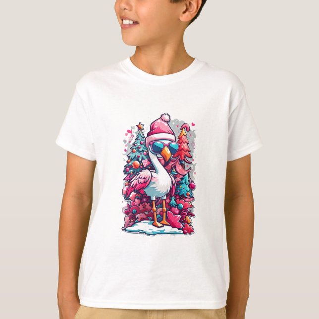 Flamingo FestiActivities Santa Hat and Glasses Chr T Shirt (Framsida)