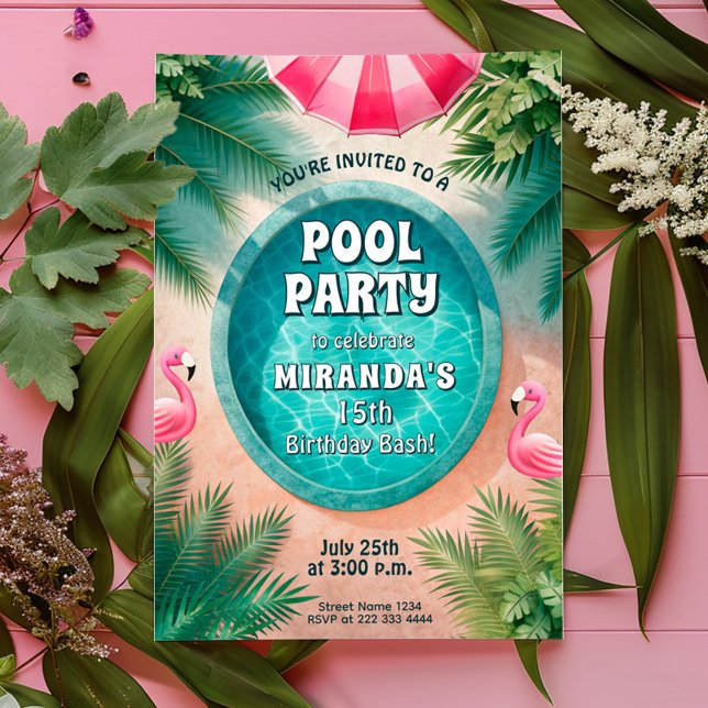 Flamingo Fiesta Bassäng Party födelsedag Inbjudningar (Skapare uppladdad)