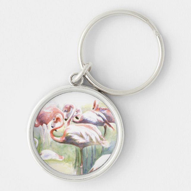 Flamingo Fiesta Keychain Rund Silverfärgad Nyckelring (Framsidan)