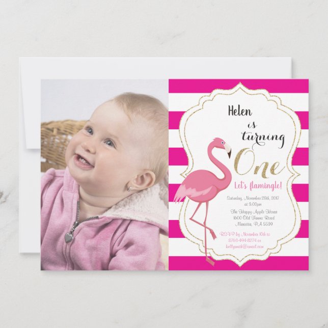 Flamingo First Birthday bjudande Girl Inbjudningar (Framsida)