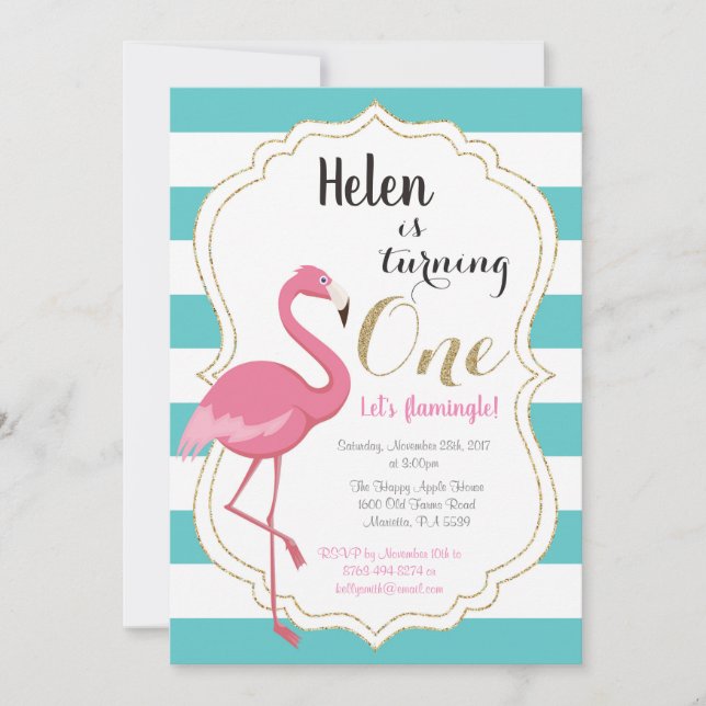 Flamingo First Birthday bjudande Girl Inbjudningar (Framsida)