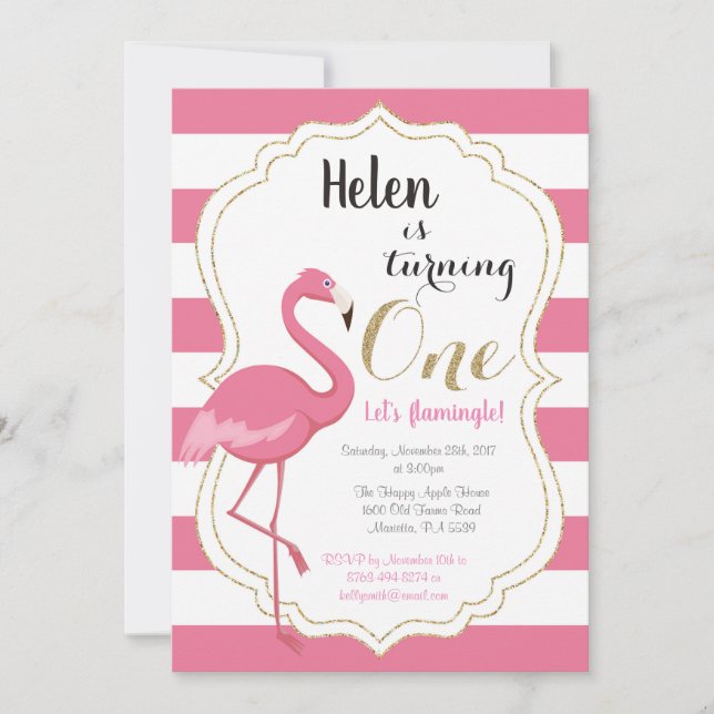 Flamingo First Birthday bjudande Girl Inbjudningar (Framsida)