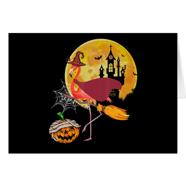 Flamingo | Flamingo Riding Broom Pumpkin Halloween Hälsningskort (Framsidan Horizontal)