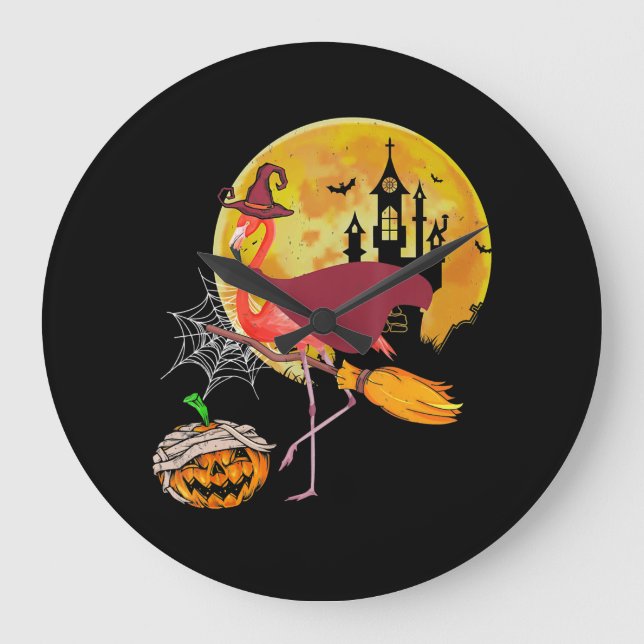 Flamingo | Flamingo Riding Broom Pumpkin Halloween Stor Klocka (Framsida)
