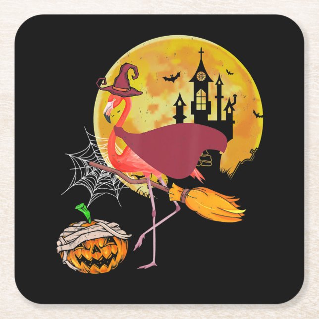 Flamingo | Flamingo Riding Broom Pumpkin Halloween Underlägg Papper Kvadrat (Framsidan)