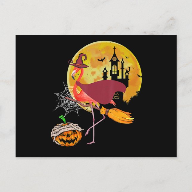 Flamingo | Flamingo Riding Broom Pumpkin Halloween Vykort (Framsida)