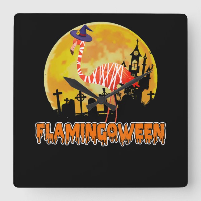 Flamingo | Flamingoween Funny Witch Halloween Fyrkantig Klocka (Framsida)