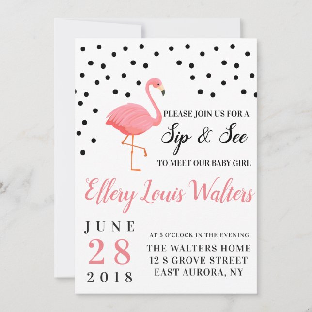 Flamingo Flicka Sip och se inbjudan (Framsida)