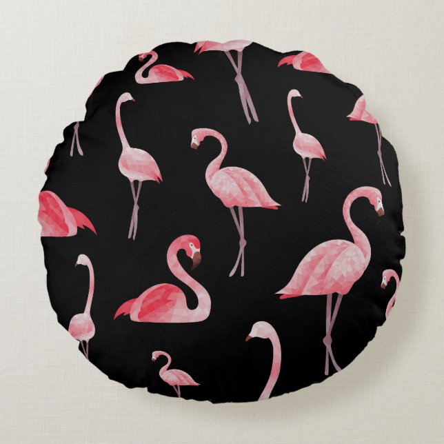 Flamingo Flock: Vintage Sömlös design Rund Kudde (Framsidan)