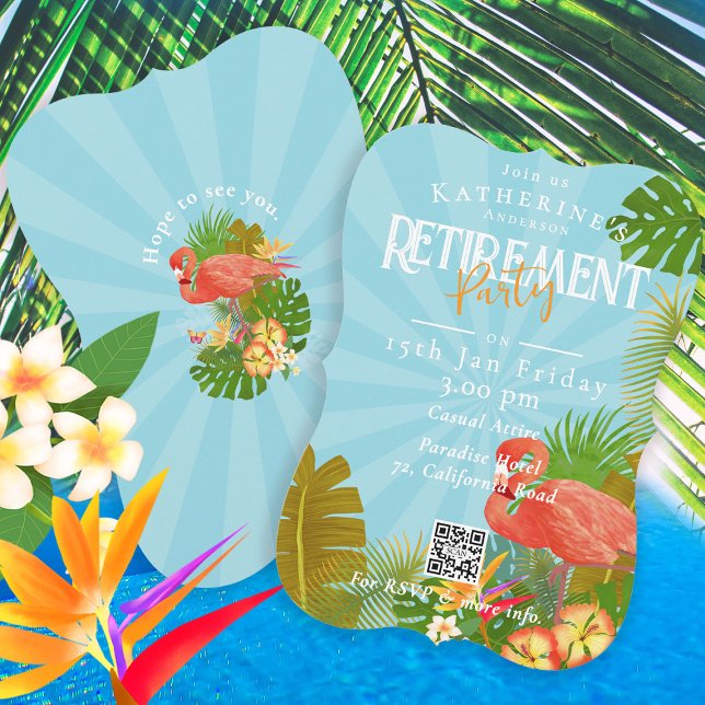 Flamingo Florida Tropical Blue Retirement Inbjudningar (Flamingo Tropical Retirement Party Invitation Card.)