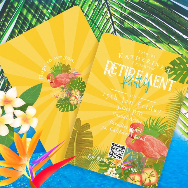 Flamingo Florida Tropical Yellow Retirement Inbjudningar (Flamingo Tropical Retirement Party Invitation Card.)