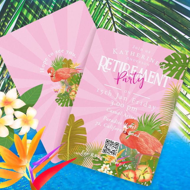 Flamingo Florida Tropisk Rosa Pensionering Inbjudningar (Flamingo Tropical Retirement Party Invitation Card.)