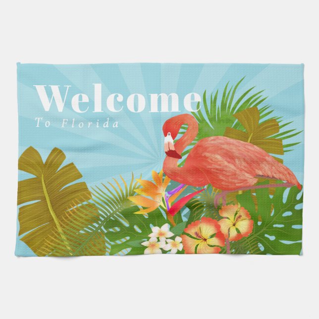 Flamingo Florida Välkommen Blå Kökshandduk (Horisontell)