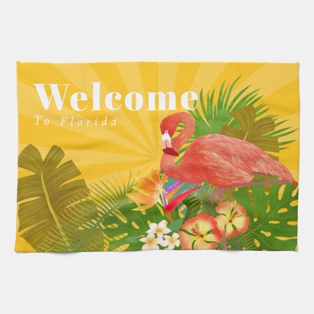 Flamingo Florida Välkommen Gul Orange Kökshandduk (Horisontell)
