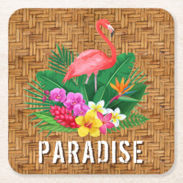 Flamingo Flowers på Wicker Mönster Underlägg Papper Kvadrat