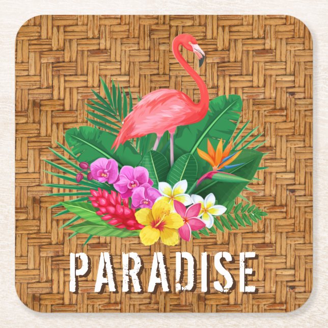 Flamingo Flowers på Wicker Mönster Underlägg Papper Kvadrat (Framsidan)
