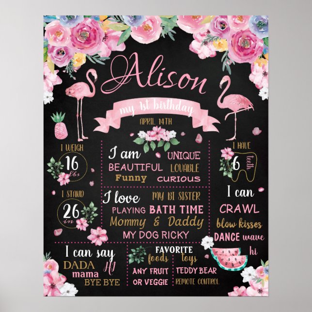 Flamingo Flowers Summer Luau Birthday-tecken Poster (Framsidan)