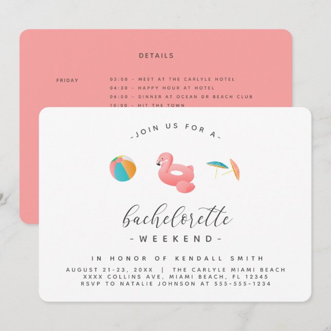 Flamingo Flyter Bassäng Party Bachelorette Helg Inbjudningar (Fram/baksida)