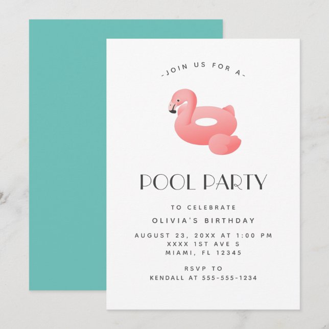 Flamingo Flyter födelsedagen Bassäng Party Inbjudningar (Fram/baksida)