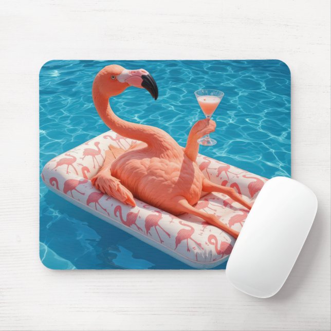 Flamingo flyter med en drink i en pool musmatta (Med mus)