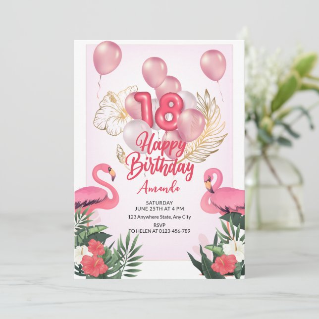Flamingo Födelsedag Tropisk 18-årsdag Sommar Inbjudningar (Stående Fram)