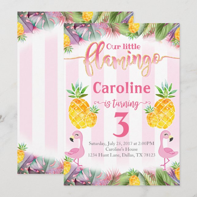 Flamingo Födelsedagsfest inbjudan Pineapple (Fram/baksida)