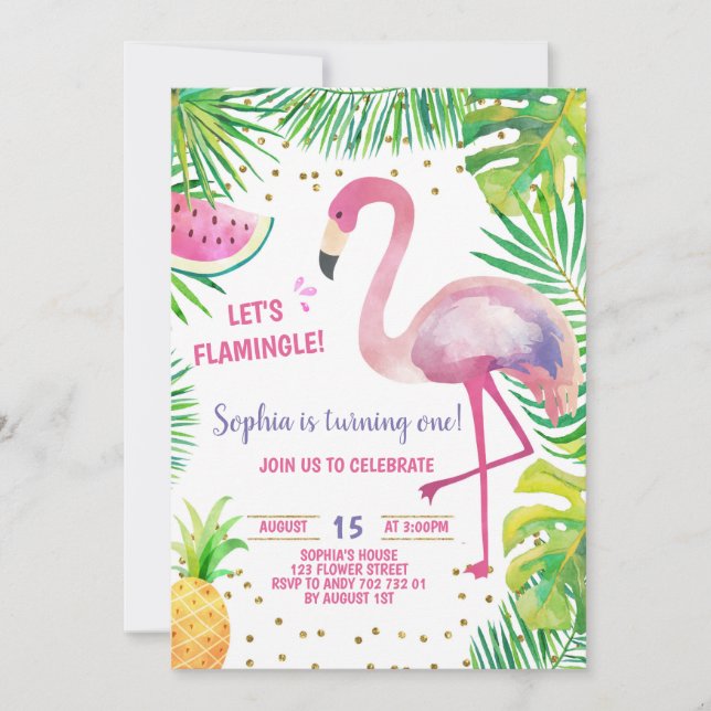 Flamingo Födelsedagsfest Tropical Girl Bassäng Par Inbjudningar (Framsida)