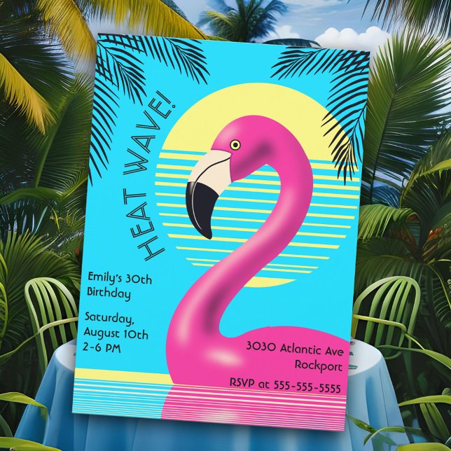 Flamingo Födelsedagsfest Tropical Rosa Summer Retr Inbjudningar (Hot pink flamingo themed birthday party invitation for a Summer outdoor pool party. Colorful Retro!)