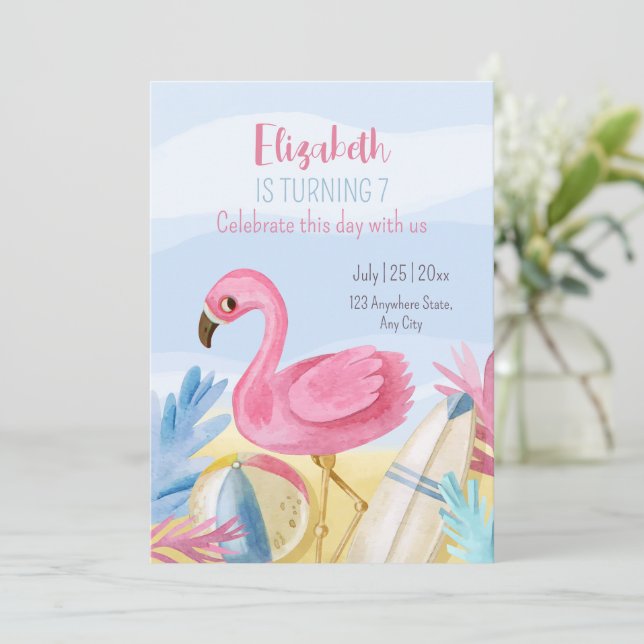 Flamingo födelsedagsinbjudan, Poolparty födelsedag Inbjudningar (Stående Fram)