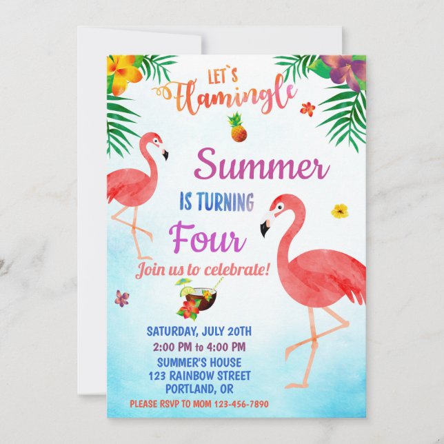 Flamingo-födelsedagsinbjudan Tropical luau inbjuda Inbjudningar (Framsida)