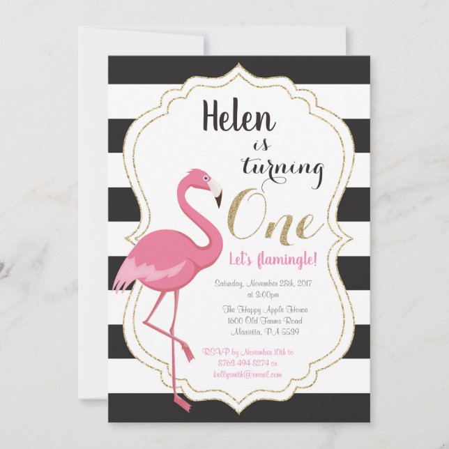 Flamingo Första Födelsedagsinbjudan Flickor Inbjudningar (Framsida)