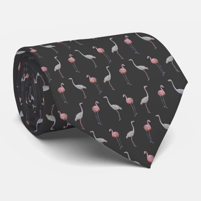 Flamingo Frenzy Tie Dubbla Sided Print (Mörk Grått Slips (Rullad)