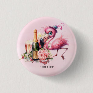 Flamingo Funny Ansikte med Champagne för party Knapp