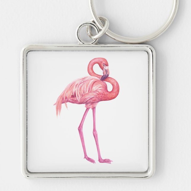 Flamingo Fyrkantig Silverfärgad Nyckelring (Framsidan)