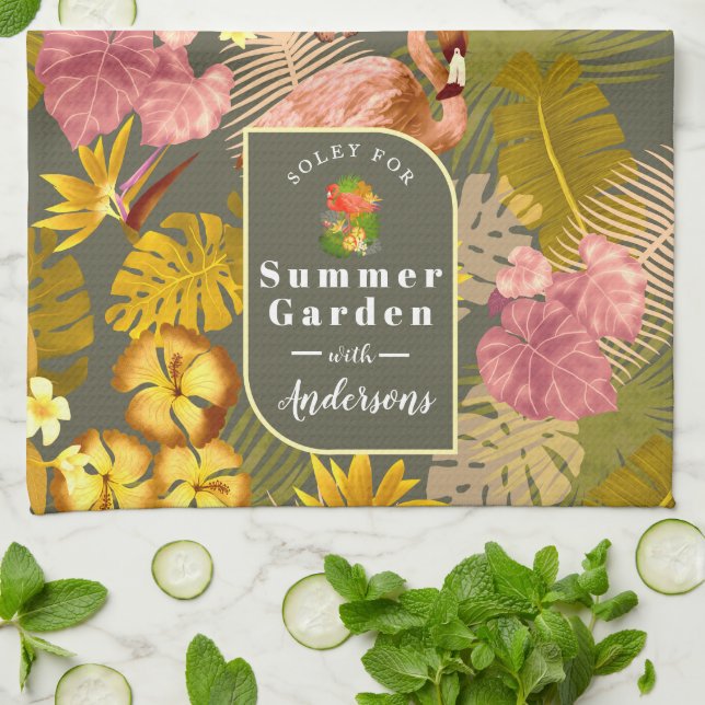 Flamingo Garden Mörk Grått Kökshandduk (Vikta)